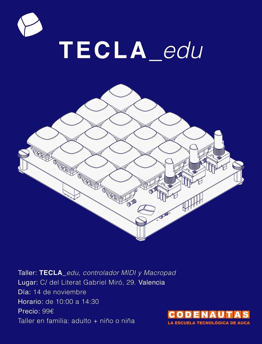 Cartel del taller TECLA_edu de Codenautas, con una ilustración del dispositivo de 16 teclas y 3 potenciómetros